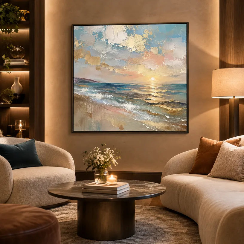 Abstract Expressionist landscapes & seascapes & cityscapes oil painting showing a pastel blue and gold seascape with reflective water in a blue palette, contemporary wall art.