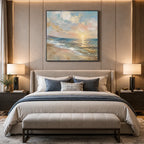 Abstract Expressionist landscapes & seascapes & cityscapes oil painting showing a pastel blue and gold seascape with reflective water in a blue palette, contemporary wall art.