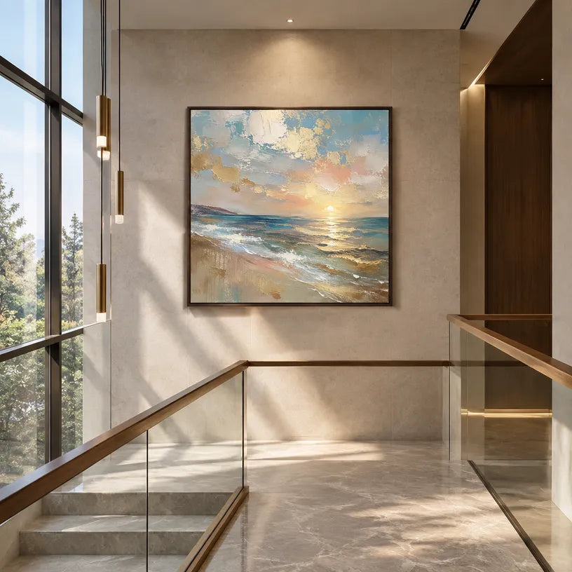 Abstract Expressionist landscapes & seascapes & cityscapes oil painting showing a pastel blue and gold seascape with reflective water in a blue palette, contemporary wall art.