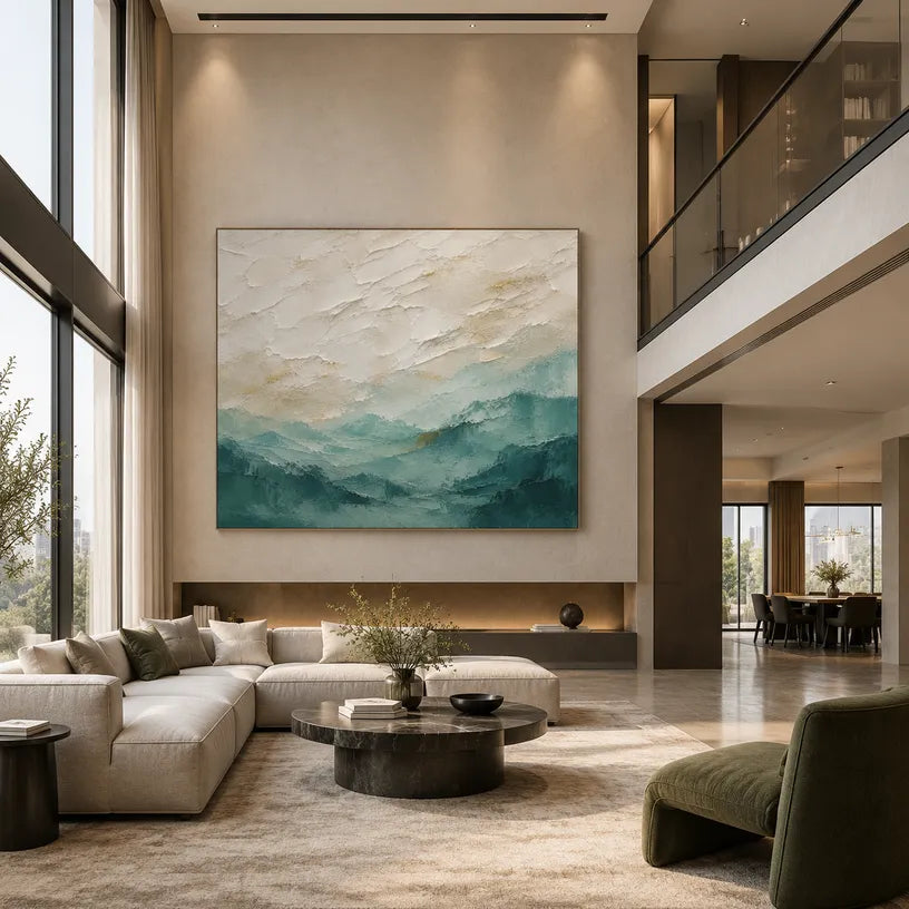 Abstract Expressionist landscapes & seascapes & cityscapes oil painting showing a painterly landscape with distant hills, trees or reflective water.