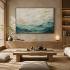 Abstract Expressionist landscapes & seascapes & cityscapes oil painting showing a painterly landscape with distant hills, trees or reflective water.