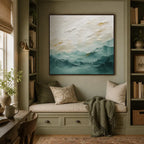 Abstract Expressionist landscapes & seascapes & cityscapes oil painting showing a painterly landscape with distant hills, trees or reflective water.