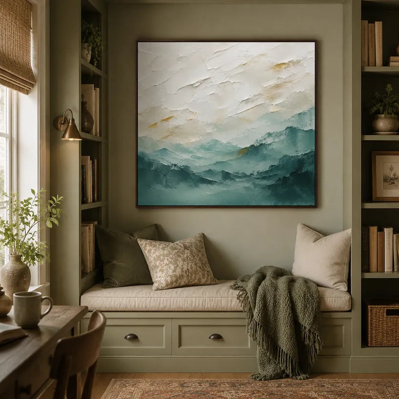 Abstract Expressionist landscapes & seascapes & cityscapes oil painting showing a painterly landscape with distant hills, trees or reflective water.