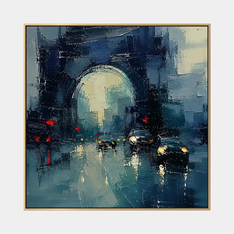 Abstract Expressionist landscapes & seascapes & cityscapes oil painting showing a stylized city skyline with reflective water and atmospheric light in a blue palette.