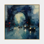 Abstract Expressionist landscapes & seascapes & cityscapes oil painting showing a stylized city skyline with reflective water and atmospheric light in a blue palette.