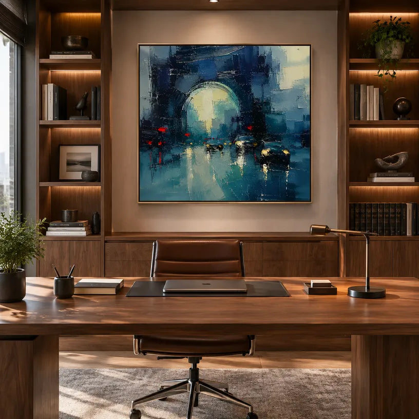 Abstract Expressionist landscapes & seascapes & cityscapes oil painting showing a stylized city skyline with reflective water and atmospheric light in a blue palette.