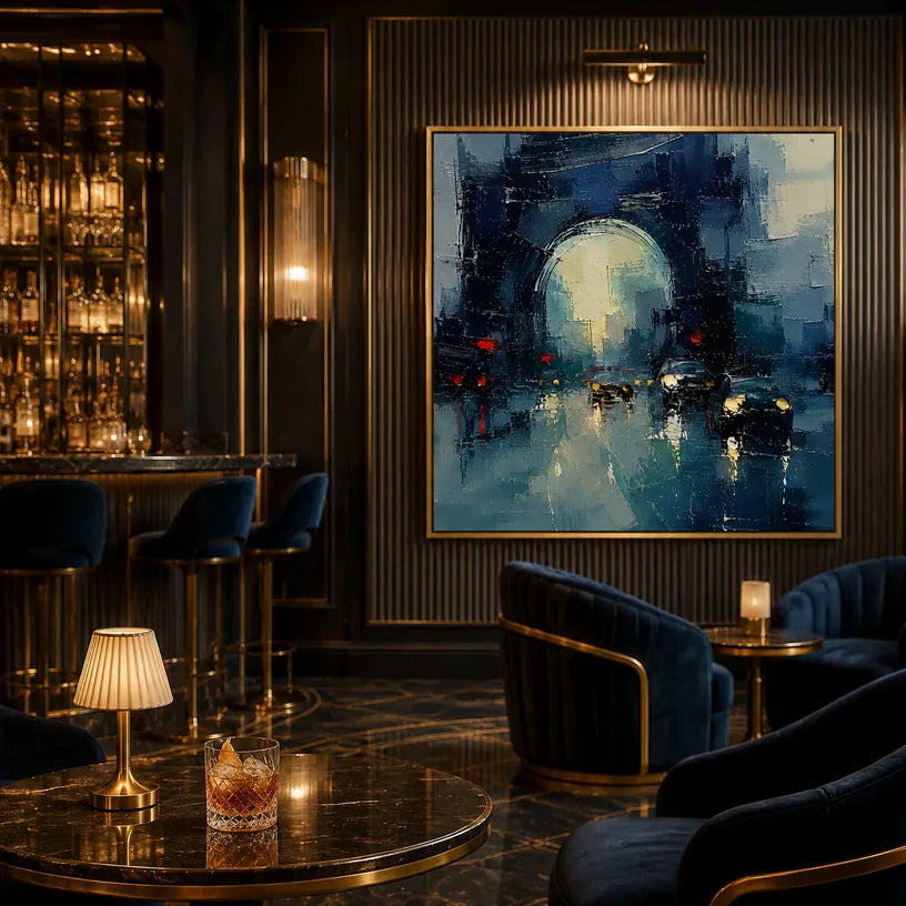 Abstract Expressionist landscapes & seascapes & cityscapes oil painting showing a stylized city skyline with reflective water and atmospheric light in a blue palette.