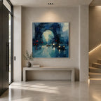 Abstract Expressionist landscapes & seascapes & cityscapes oil painting showing a stylized city skyline with reflective water and atmospheric light in a blue palette.