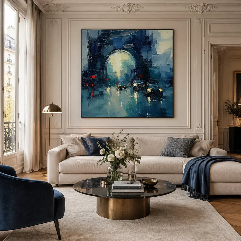 Abstract Expressionist landscapes & seascapes & cityscapes oil painting showing a stylized city skyline with reflective water and atmospheric light in a blue palette.
