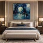 Abstract Expressionist landscapes & seascapes & cityscapes oil painting showing a stylized city skyline with reflective water and atmospheric light in a blue palette.