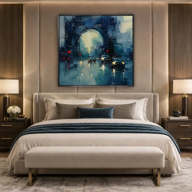 Abstract Expressionist landscapes & seascapes & cityscapes oil painting showing a stylized city skyline with reflective water and atmospheric light in a blue palette.
