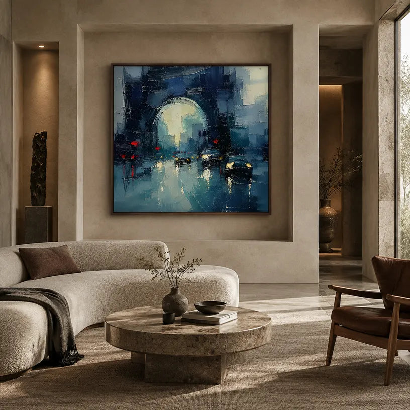 Abstract Expressionist landscapes & seascapes & cityscapes oil painting showing a stylized city skyline with reflective water and atmospheric light in a blue palette.