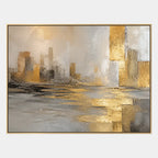 Abstract Expressionist landscapes & seascapes & cityscapes oil painting showing a painterly landscape with distant hills, trees or reflective water in a brown palette.