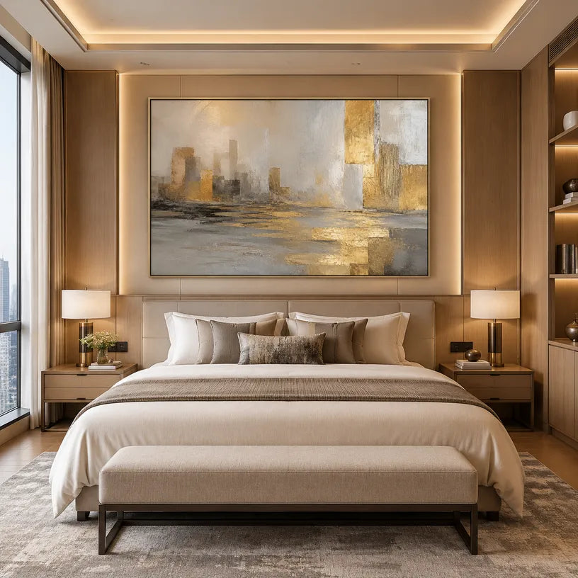 Abstract Expressionist landscapes & seascapes & cityscapes oil painting showing a painterly landscape with distant hills, trees or reflective water in a brown palette.