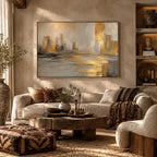 Abstract Expressionist landscapes & seascapes & cityscapes oil painting showing a painterly landscape with distant hills, trees or reflective water in a brown palette.