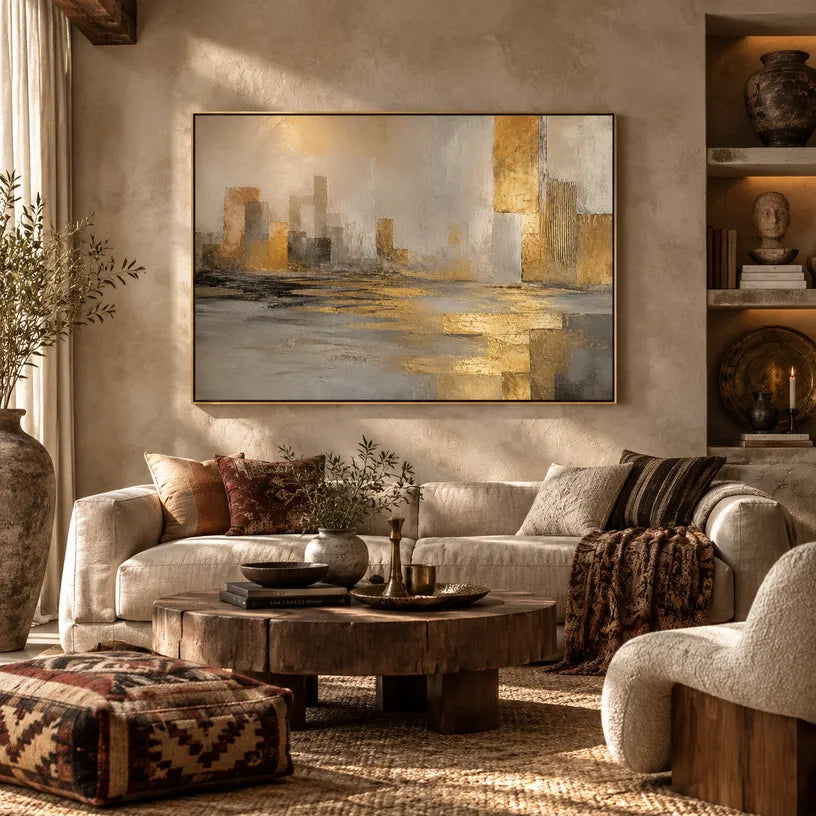 Abstract Expressionist landscapes & seascapes & cityscapes oil painting showing a painterly landscape with distant hills, trees or reflective water in a brown palette.