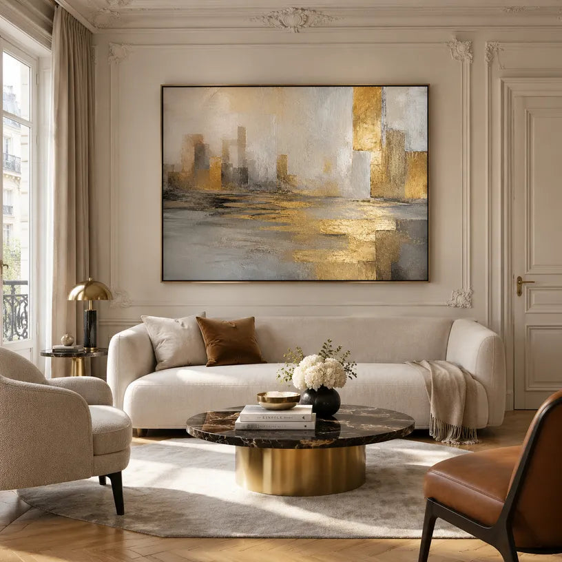Abstract Expressionist landscapes & seascapes & cityscapes oil painting showing a painterly landscape with distant hills, trees or reflective water in a brown palette.