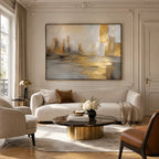 Abstract Expressionist landscapes & seascapes & cityscapes oil painting showing a painterly landscape with distant hills, trees or reflective water in a brown palette.