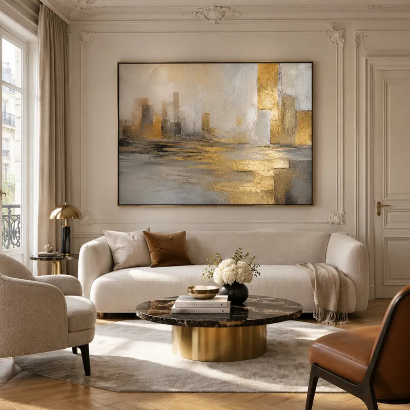 Dipinto a olio con paesaggi, paesaggi marini e paesaggi urbani dell'Espressionismo astratto, caratterizzato da un paesaggio atmosferico, da un paesaggio marino o da una composizione ispirata alla città in una tavolozza di grigi.