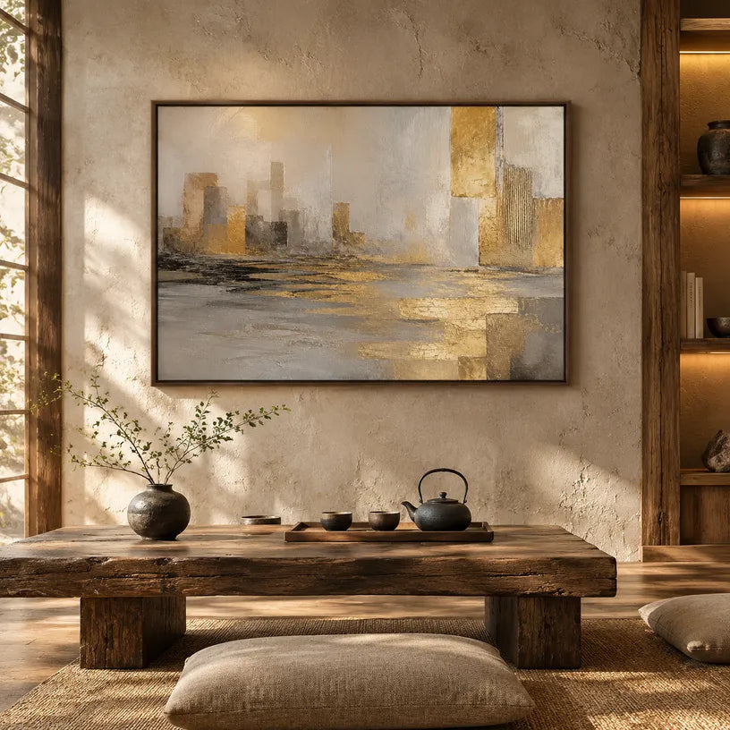 Abstract Expressionist landscapes & seascapes & cityscapes oil painting showing a painterly landscape with distant hills, trees or reflective water in a brown palette.
