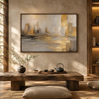 Abstract Expressionist landscapes & seascapes & cityscapes oil painting showing a painterly landscape with distant hills, trees or reflective water in a brown palette.