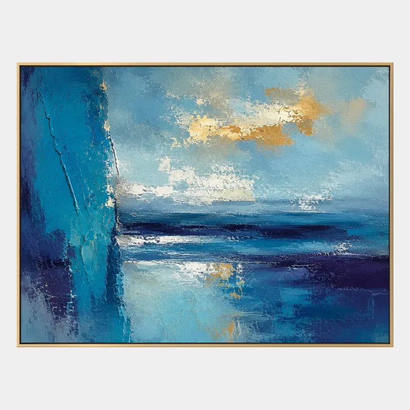 Abstract Expressionist landscapes & seascapes & cityscapes oil painting showing a painterly landscape with distant hills, trees or reflective water in a blue palette.