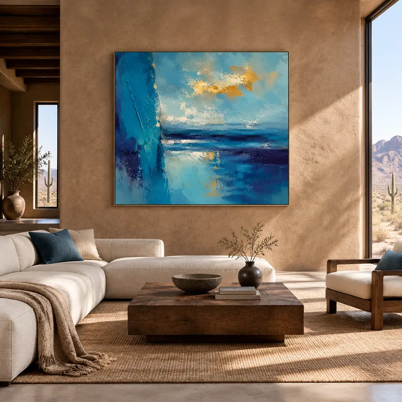 Abstract Expressionist landscapes & seascapes & cityscapes oil painting showing a painterly landscape with distant hills, trees or reflective water in a blue palette.