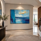 Abstract Expressionist landscapes & seascapes & cityscapes oil painting showing a painterly landscape with distant hills, trees or reflective water in a blue palette.