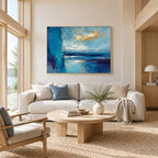 Abstract Expressionist landscapes & seascapes & cityscapes oil painting showing a painterly landscape with distant hills, trees or reflective water in a blue palette.