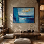 Abstract Expressionist landscapes & seascapes & cityscapes oil painting showing a painterly landscape with distant hills, trees or reflective water in a blue palette.