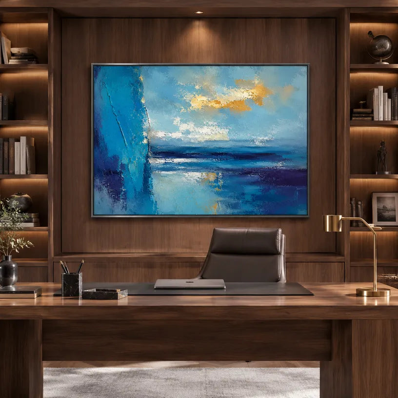 Abstract Expressionist landscapes & seascapes & cityscapes oil painting showing a painterly landscape with distant hills, trees or reflective water in a blue palette.