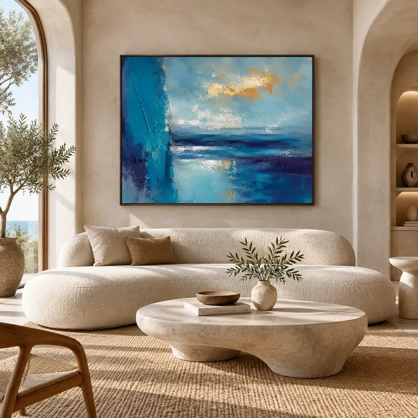 Abstract Expressionist landscapes & seascapes & cityscapes oil painting showing a painterly landscape with distant hills, trees or reflective water in a blue palette.