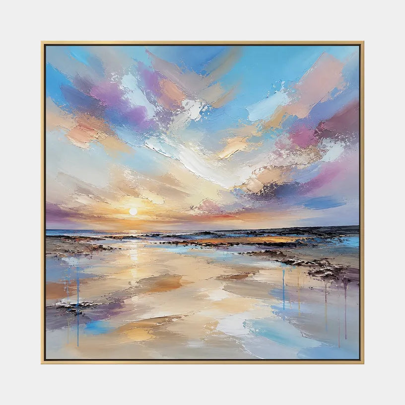 Abstract Expressionist landscapes & seascapes & cityscapes oil painting showing a dreamy blue, mauve and gold seascape in a blue palette, contemporary wall art.