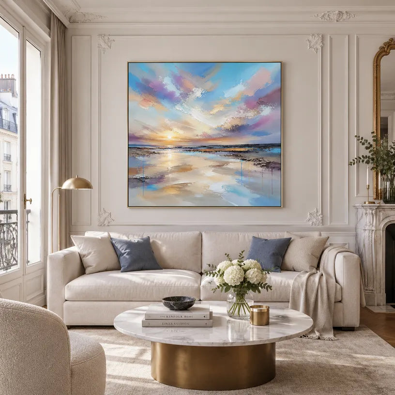 Abstract Expressionist landscapes & seascapes & cityscapes oil painting showing a dreamy blue, mauve and gold seascape in a blue palette, contemporary wall art.
