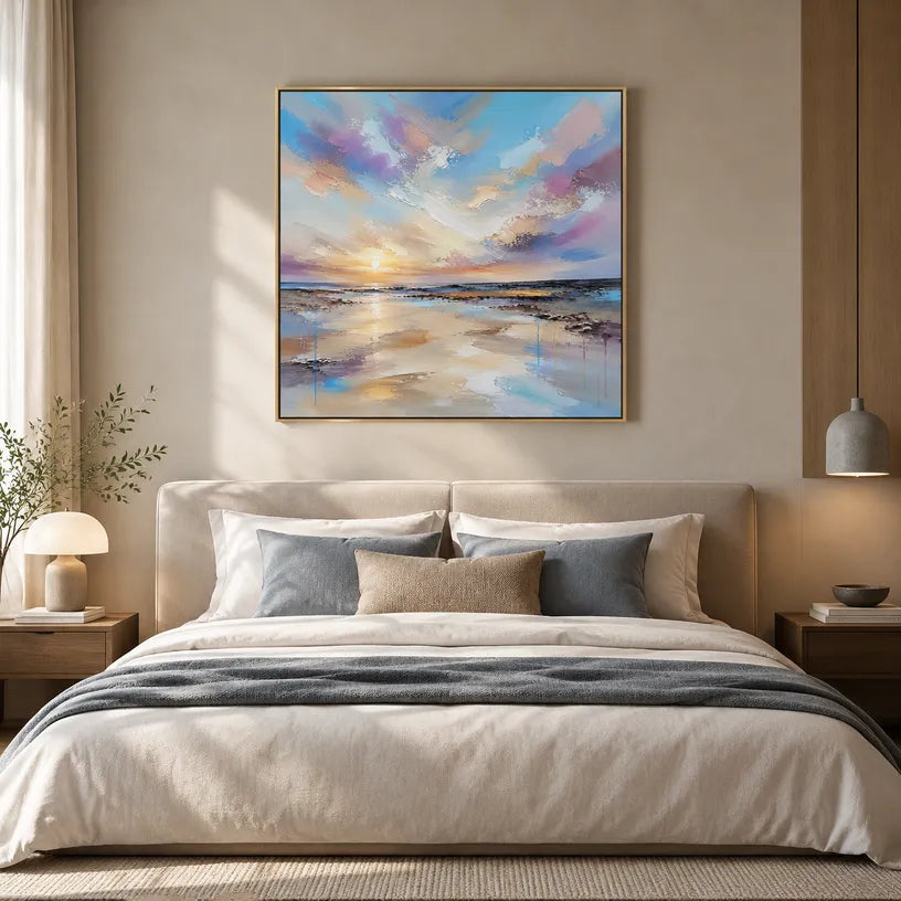 Abstract Expressionist landscapes & seascapes & cityscapes oil painting showing a dreamy blue, mauve and gold seascape in a blue palette, contemporary wall art.