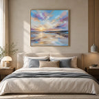 Abstract Expressionist landscapes & seascapes & cityscapes oil painting showing a dreamy blue, mauve and gold seascape in a blue palette, contemporary wall art.