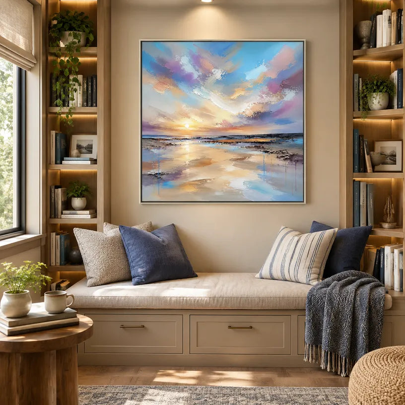 Abstract Expressionist landscapes & seascapes & cityscapes oil painting showing a dreamy blue, mauve and gold seascape in a blue palette, contemporary wall art.