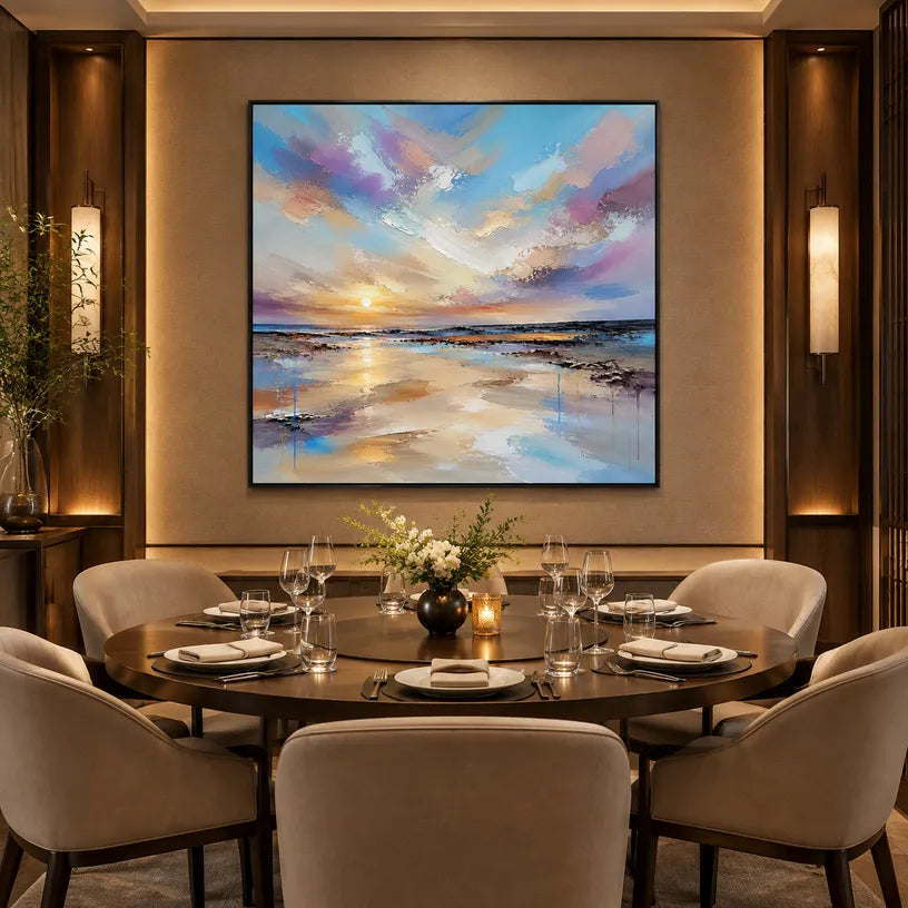 Abstract Expressionist landscapes & seascapes & cityscapes oil painting showing a dreamy blue, mauve and gold seascape in a blue palette, contemporary wall art.
