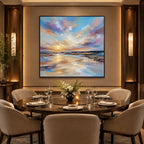 Abstract Expressionist landscapes & seascapes & cityscapes oil painting showing a dreamy blue, mauve and gold seascape in a blue palette, contemporary wall art.