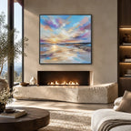 Abstract Expressionist landscapes & seascapes & cityscapes oil painting showing a dreamy blue, mauve and gold seascape in a blue palette, contemporary wall art.