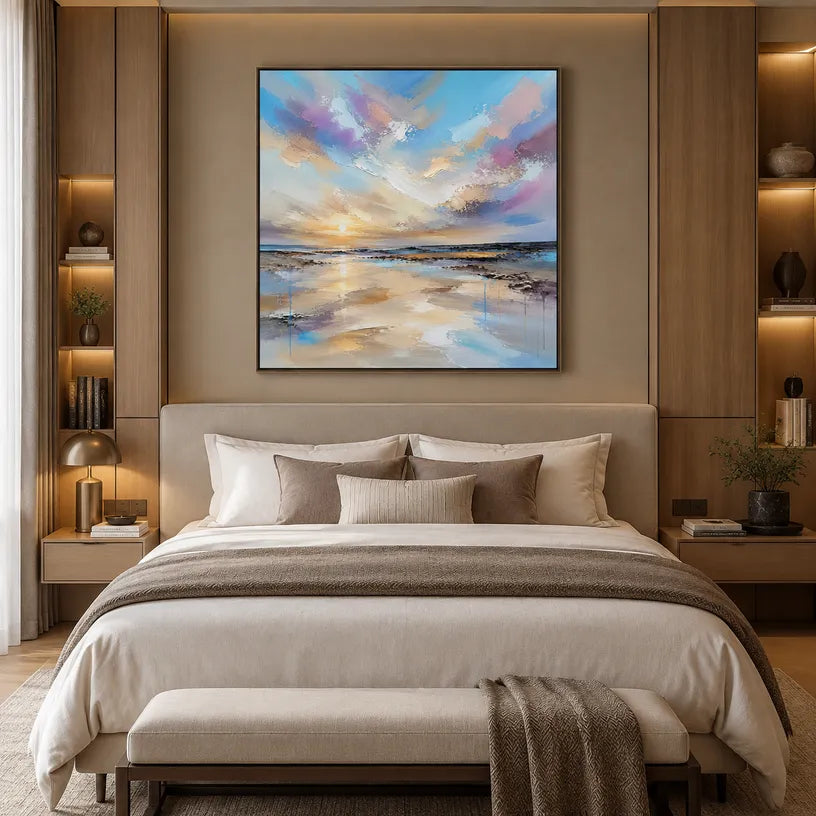Abstract Expressionist landscapes & seascapes & cityscapes oil painting showing a dreamy blue, mauve and gold seascape in a blue palette, contemporary wall art.