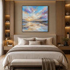 Abstract Expressionist landscapes & seascapes & cityscapes oil painting showing a dreamy blue, mauve and gold seascape in a blue palette, contemporary wall art.