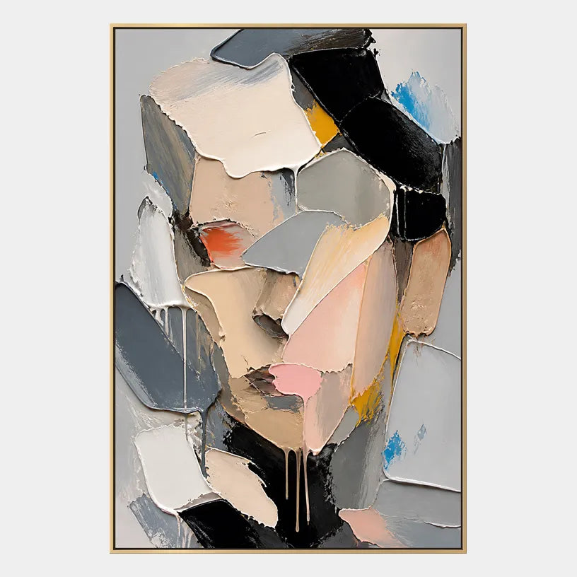 Abstract Expressionist portraiture & figure oil painting showing a faceted contemporary portrait in grey and blush tones in a grey palette, contemporary wall art.