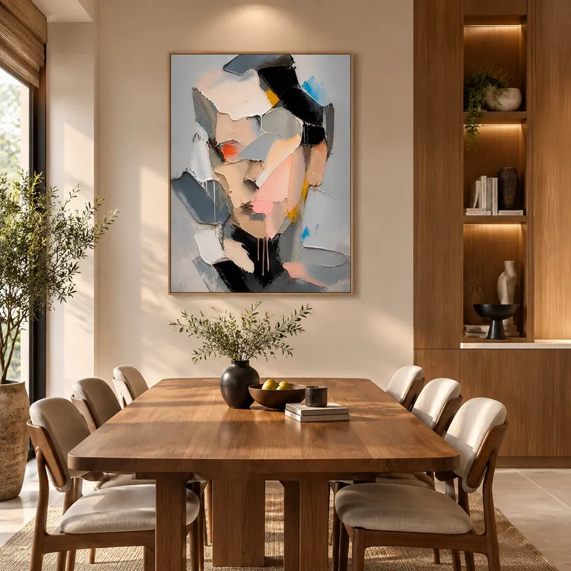 Abstract Expressionist portraiture & figure oil painting showing a faceted contemporary portrait in grey and blush tones in a grey palette, contemporary wall art.