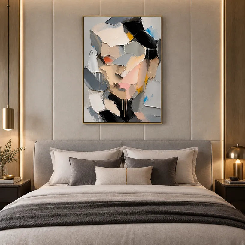 Abstract Expressionist portraiture & figure oil painting showing a faceted contemporary portrait in grey and blush tones in a grey palette, contemporary wall art.