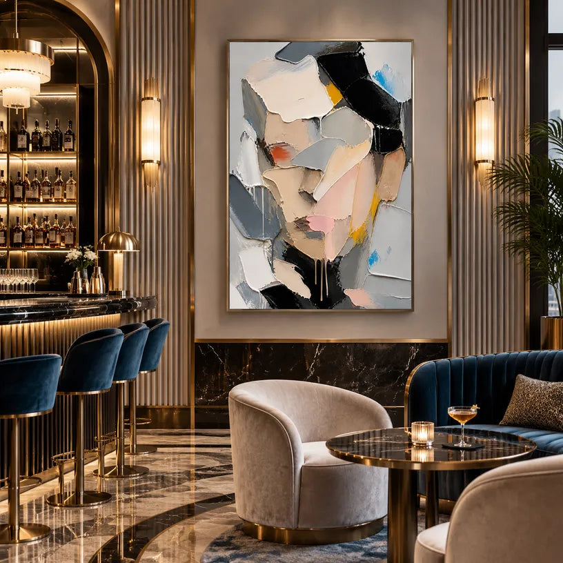 Abstract Expressionist portraiture & figure oil painting showing a faceted contemporary portrait in grey and blush tones in a grey palette, contemporary wall art.