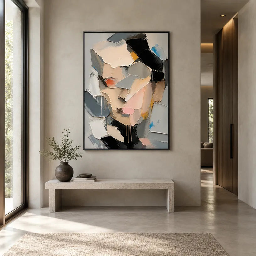 Abstract Expressionist portraiture & figure oil painting showing a faceted contemporary portrait in grey and blush tones in a grey palette, contemporary wall art.