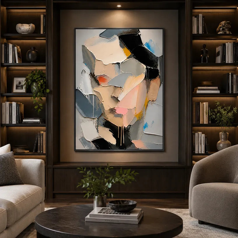 Abstract Expressionist portraiture & figure oil painting showing a faceted contemporary portrait in grey and blush tones in a grey palette, contemporary wall art.