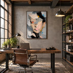 Abstract Expressionist portraiture & figure oil painting showing a faceted contemporary portrait in grey and blush tones in a grey palette, contemporary wall art.