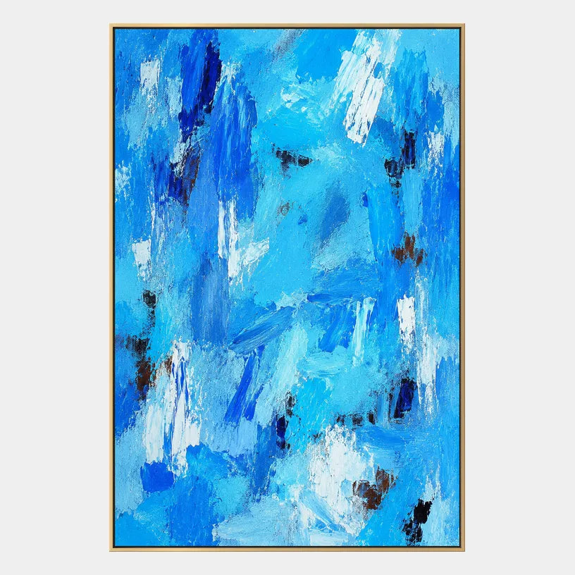 Abstract Expressionist abstract oil painting showing layered abstract marks, texture and expressive painterly movement in a blue palette.